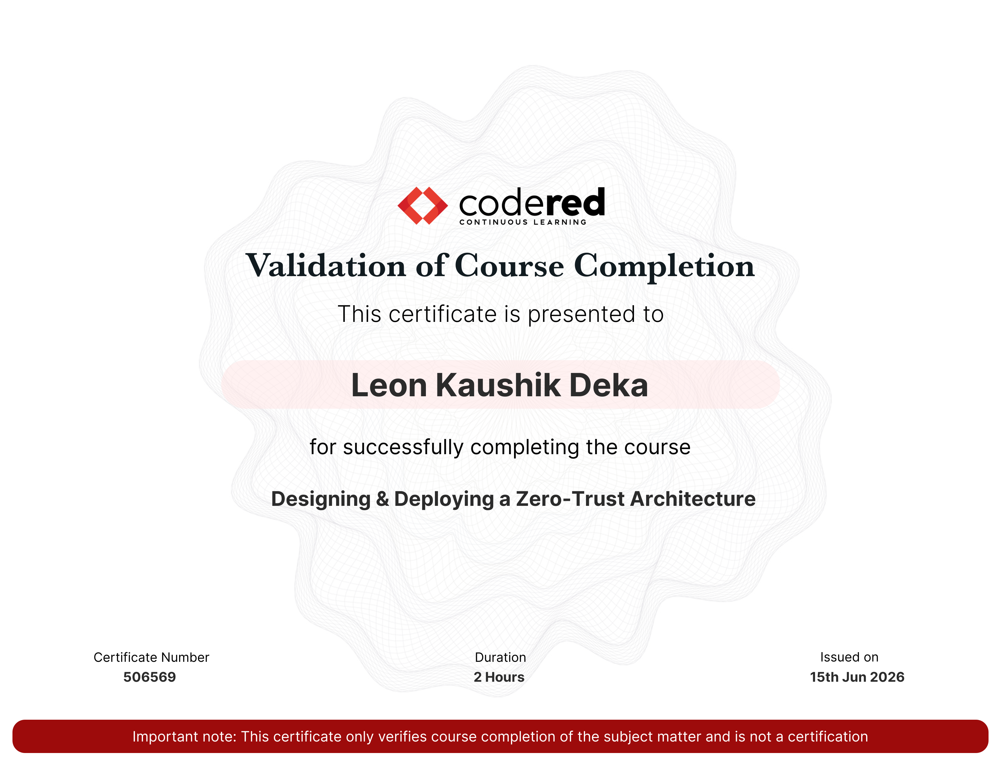 Designing and Deploying a Zero-Trust Architecture certificate